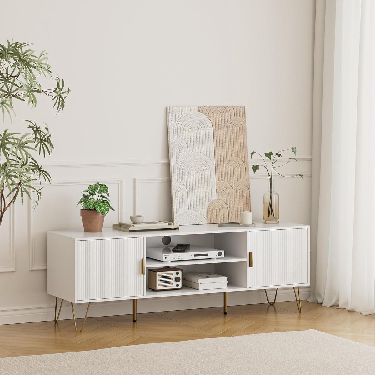Tv-meubel modern wit 137x38x48 cm | 2-deurs lowboard voor tv tot 65 inch | Opbergkast woonkamer | ABKANTOOR