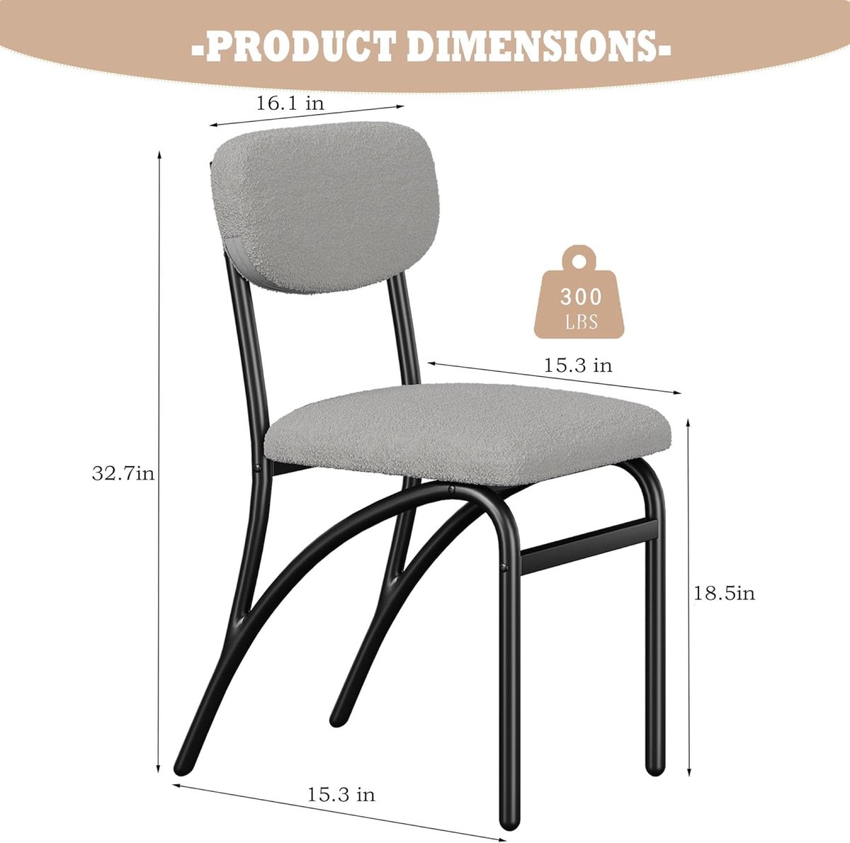 Moderne Boucle-eetkamerstoelen set – Mid-eeuwse gestoffeerde accentstoelen, ergonomische gebogen rugleuning, gewatteerde lamswollen stof, grijs – 2 stuks
