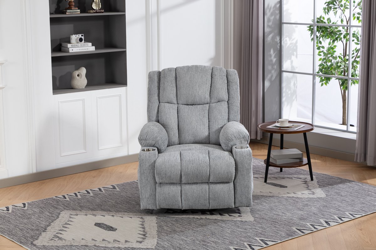 OKWISH Relaxfauteuil Met Sta Op Hulp - Elektrisch Verstelbaar Met Trilmassage En Warmtefunctie - Met Voetsteun Zijvakken En Bekerhouder - Fluweel - Lichtgrijs
