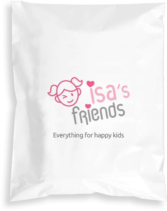 Witte verzendzak met Isa's Friends logo en de tekst 'Everything for happy kids'.