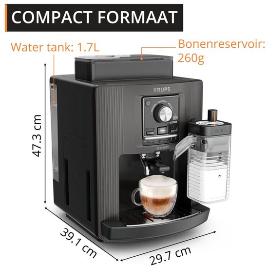 Krups Serenity Milk EA402H - Volautomatische Espressomachine - Milk Maestro Melksysteem - One Touch Cappuccino - Donkergrijs - Snel Opgewarmd - Compact