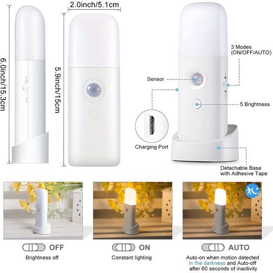 Een LED-nachtlampje met bewegingssensor, oplaadbaar via USB, dimbaar, multifunctioneel, met ingebouwde oplaadbare batterij van 2000 mAh. Dit draagbare nachtlampje met bewegingssensor is geschikt voor woonkamers van Merkloos — afbeelding 3