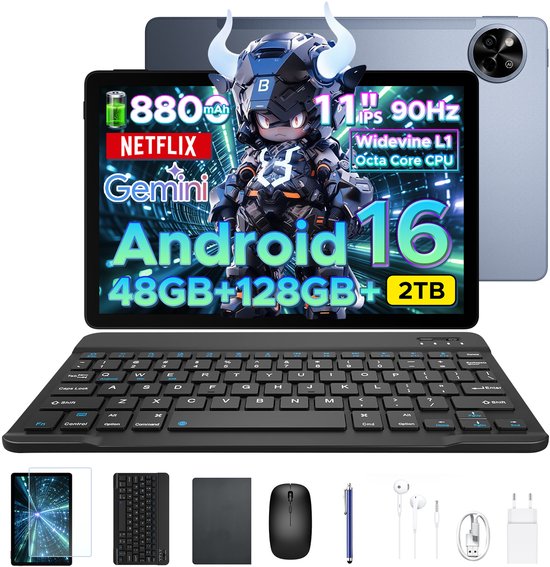 Aorlym P11 Tablet - 48GB RAM+128GB ROM/TF 2TB - Android 16 - 11 inch tablet 90Hz - T7250 - 8800mAh - 13MP+5MP - Gemini AI - Widevine L1 - Face ID - 5G WIFI - Dubbele luidsprekers - Pen, toetsenbord, muis - Grijs