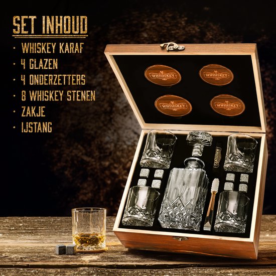 Whisiskey Carafe à Whisky - Ensemble Carafe à Whisky de Luxe - 700 ml - Carafe à décanter - Ensemble Whisky - Incl. 8 Pierres à Whisky, 4 Verres à Whisky & Accessoires Supplémentaires