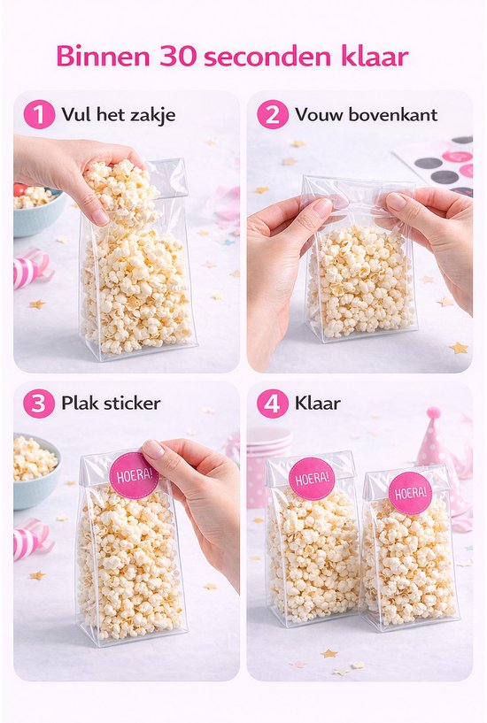 Instructies in vier stappen om transparante zakjes te vullen en te versieren met 'HOERA!' stickers.