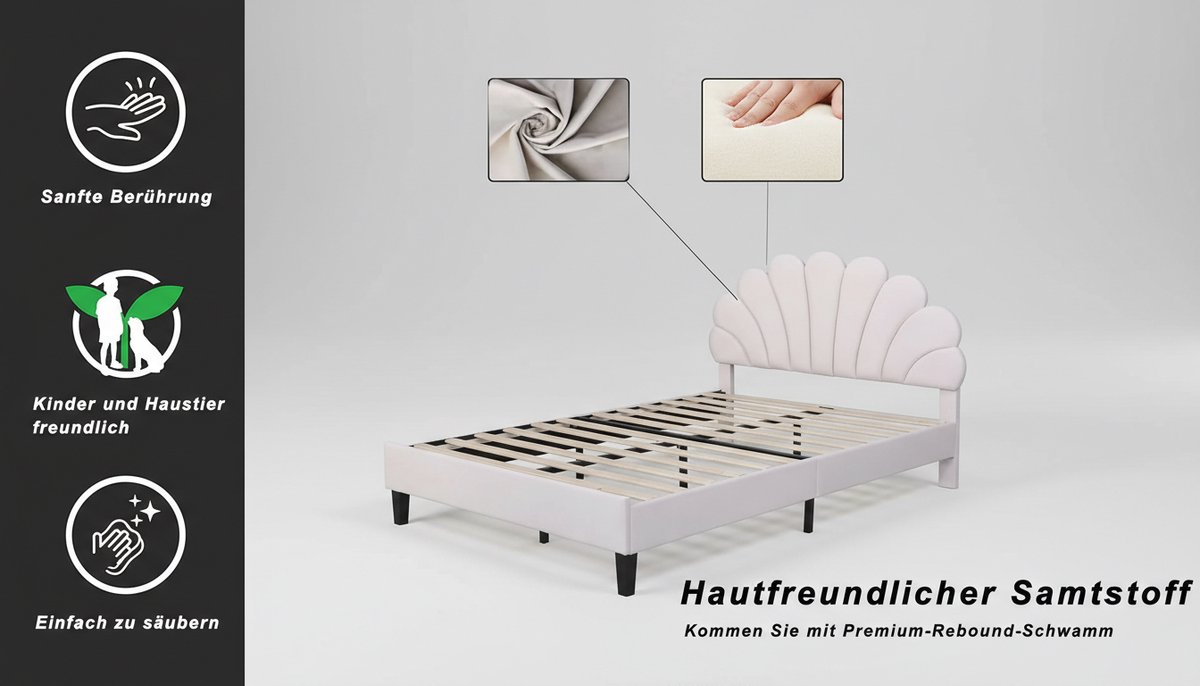 Gestoffeerd Bed 140x200 cm – Casa Velluto Aurora Velvet Kinder- en Tienerbed – Bloemvormig Hoofdeinde – Inclusief Lattenbodem – Huidvriendelijk Fluweel – Beige Platformbed