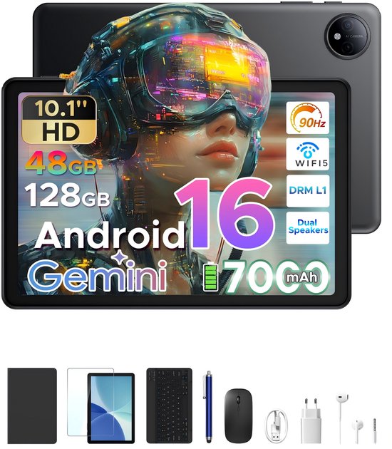 POCKAM P10 TAB - Tablet - 10,1 inch HD 90 Hz IPS - Android 16 - 48 GB RAM (8+40 GB) + 128 GB ROM - 7000 mAh - Quad-Core T310 - Dubbele luidsprekers - Volledige accessoirebundel met toetsenbord en stylus