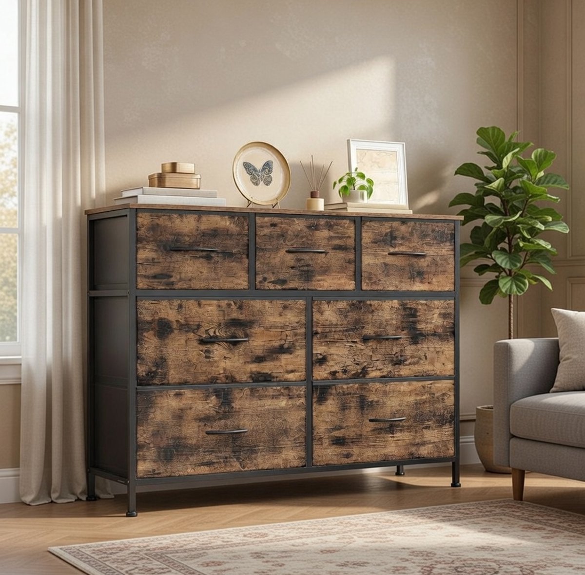 Industriële Vintage Ladekast met 7 stoffen lade – Stalen Opbergkast voor Slaapkamer & Woonkamer Casa Serena – Afmetingen op aanvraag – Casa Dorada