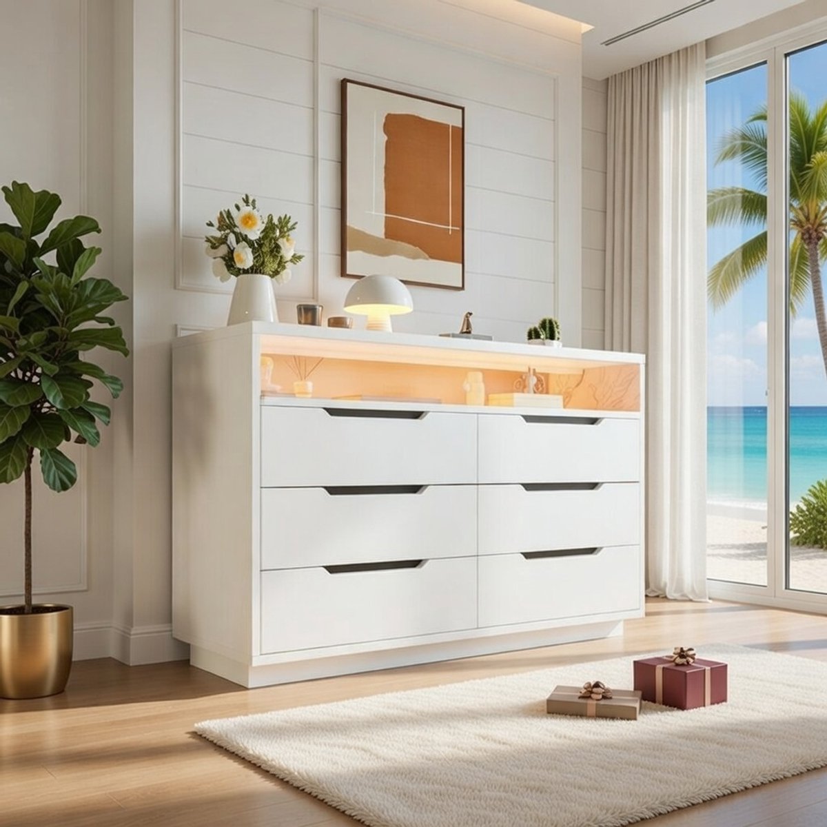 Serenaglow LED Dressoir 120x40x85 cm met 6 Laden en Open Vak - Modern Wit Dressoir met Marmer Look en Verlichting - Opbergkast voor Woonkamer & Slaapkamer | Casa Serena – Casa Dorada