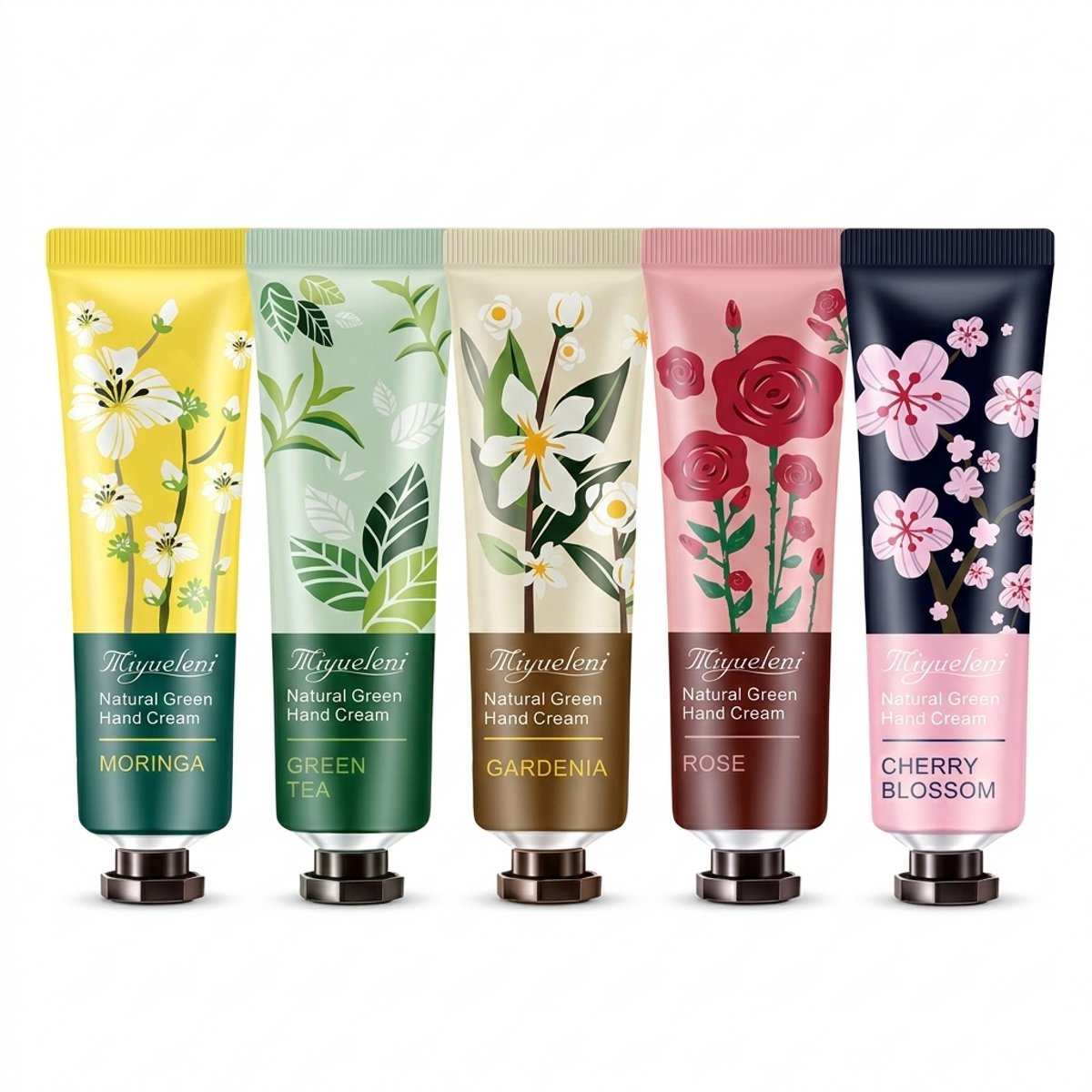 Miyueleni® Floral Serie - Handcrème Cadeauset - 5 x 30g - Moringa, Gardenia, Green Tea & Rose - Voor Droge Handen - 5-pack