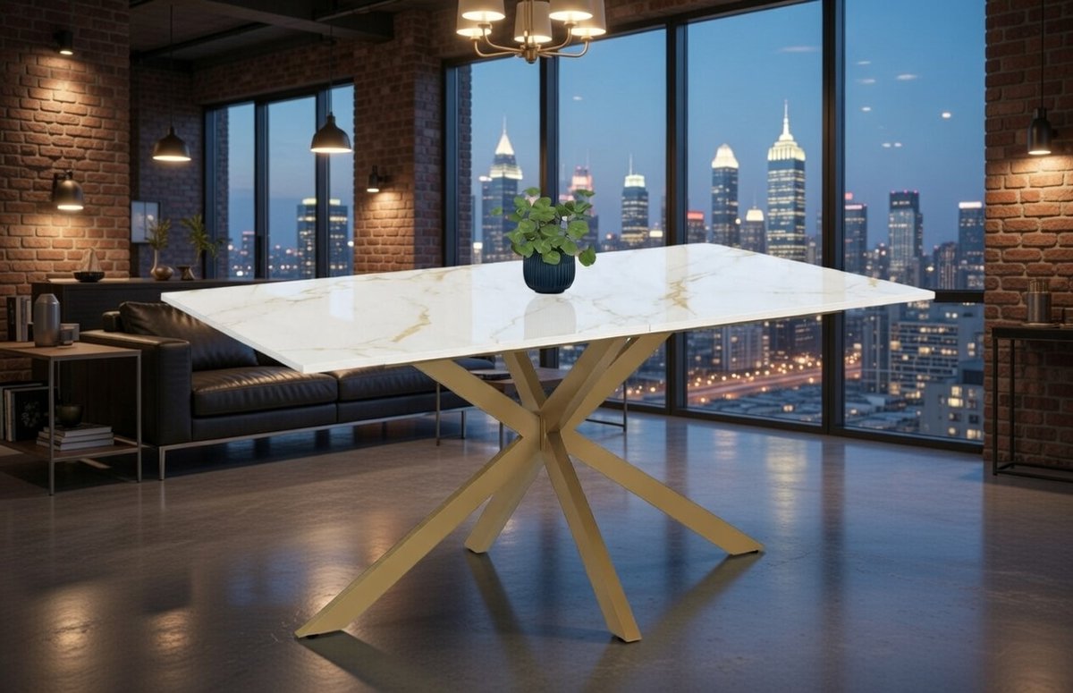 Luxe marmeren eettafel 160x90 cm met gouden spinnenwebmotief voor 8 personen - Alaska Wit | Casa Serena – Casa Dorada