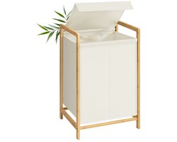 Wasmand – Met bamboe frame – Twee compartimenten – Afneembaar deksel – 100 L – Crèmewit – 45 x 40 x 78 cm