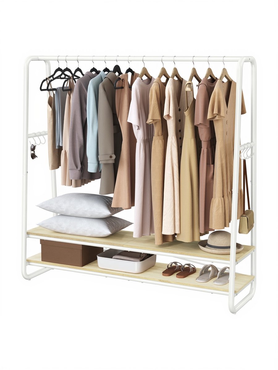 Kledingrek – Met 2 planken en 6 haken – Stalen frame – Natuurlijk beige-mat wit – 45 x 138 x 160 cm
