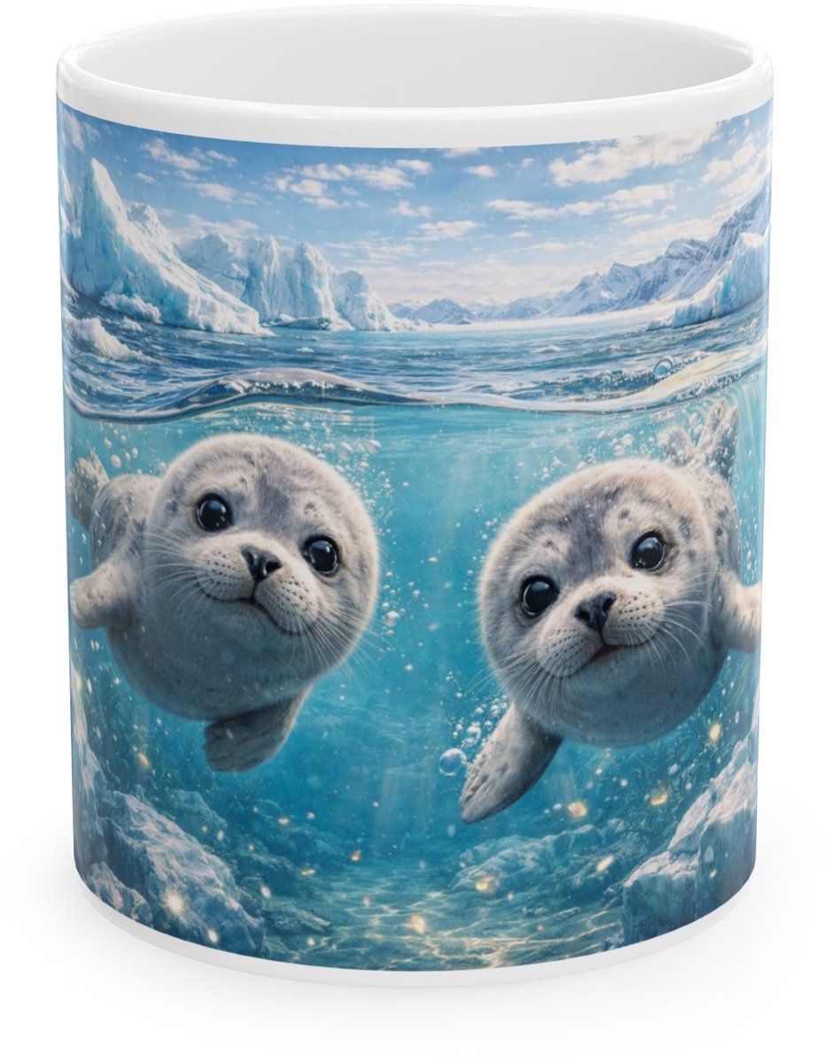 Plot-Twister - Dieren Mok 330ML – Zeehond Ijs Omgeving - Keramische Koffiemok met Unieke Dierenprint – Vaatwasser & Magnetronbestendig – Cadeauverpakking met Venster