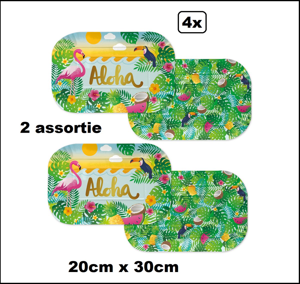 4x Serveerschaal Tropical Aloha 30cm x 20cm - 2 assortie - karton - Hapjes snacks food eten thema feest uitdeel Hawai beach