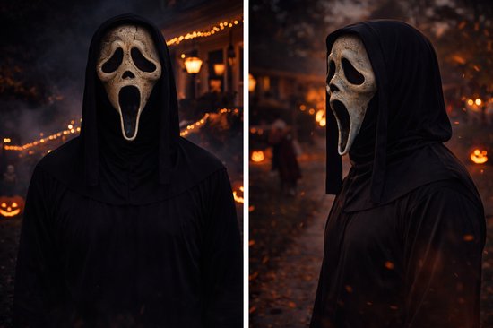 Een Scream VI masker met zwarte kap, afgebeeld met pompoenen en lichtslingers.