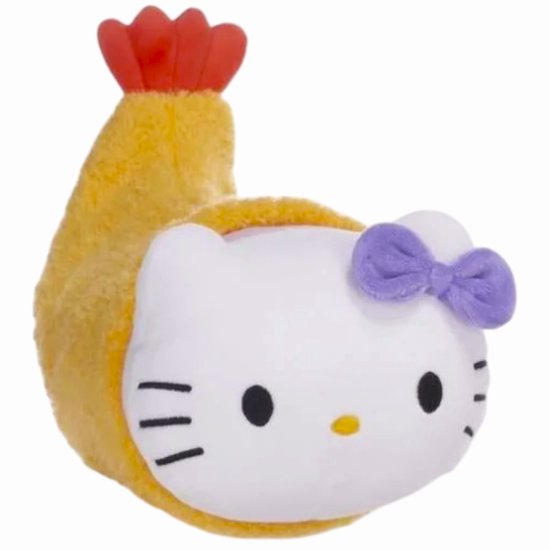 Hello Kitty pluche met een gele garnalen-outfit en een paars strikje.