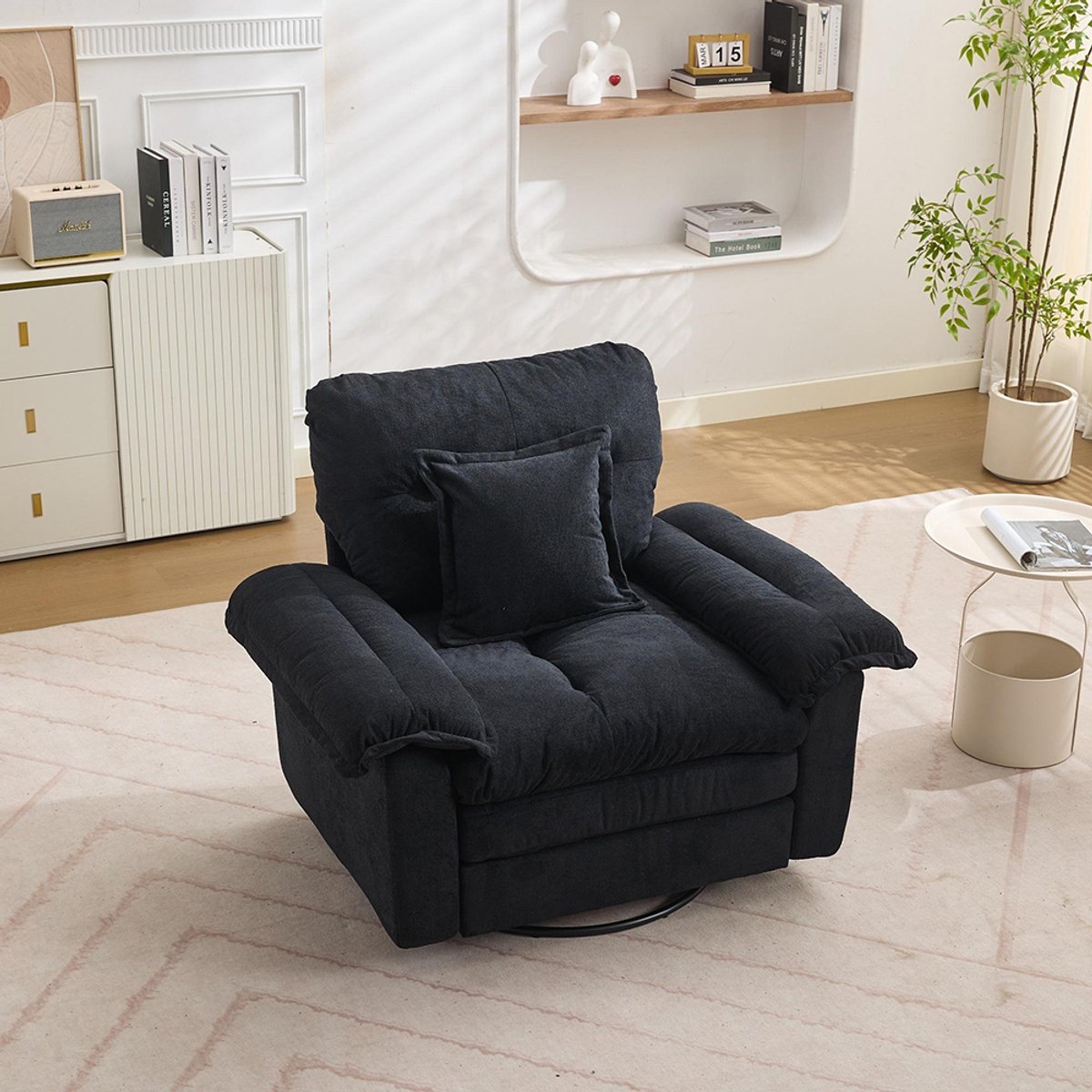 KOMHTOM BLACKCOLORS 360° draaibare fauteuil in chenille, oversized formaat, om in te lezen – Comfortabele bijzetfauteuil met steunkussen, gestoffeerde eenpersoonsbank voor slaapkamer, woonkamer en kinderkamer Zwart