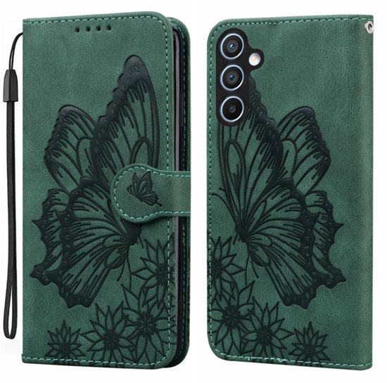 Étui de téléphone vert, ouvert, avec des papillons et des fleurs en relief des deux côtés.