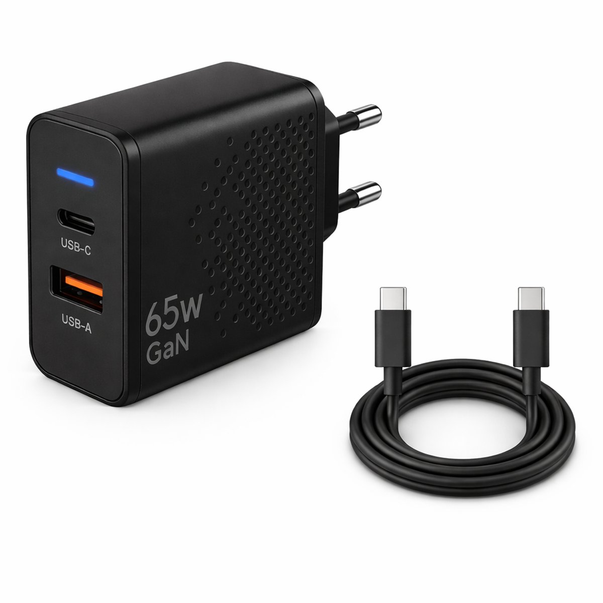Gmedia USB-C Oplader 65W - inclusief 1 meter USB-C naar USB-C – 2-Poorts Snellader met USB-C PD & USB-A QC 3.0 – Krachtige Universele Adapter voor Telefoon, Tablet & Laptop - Zwart