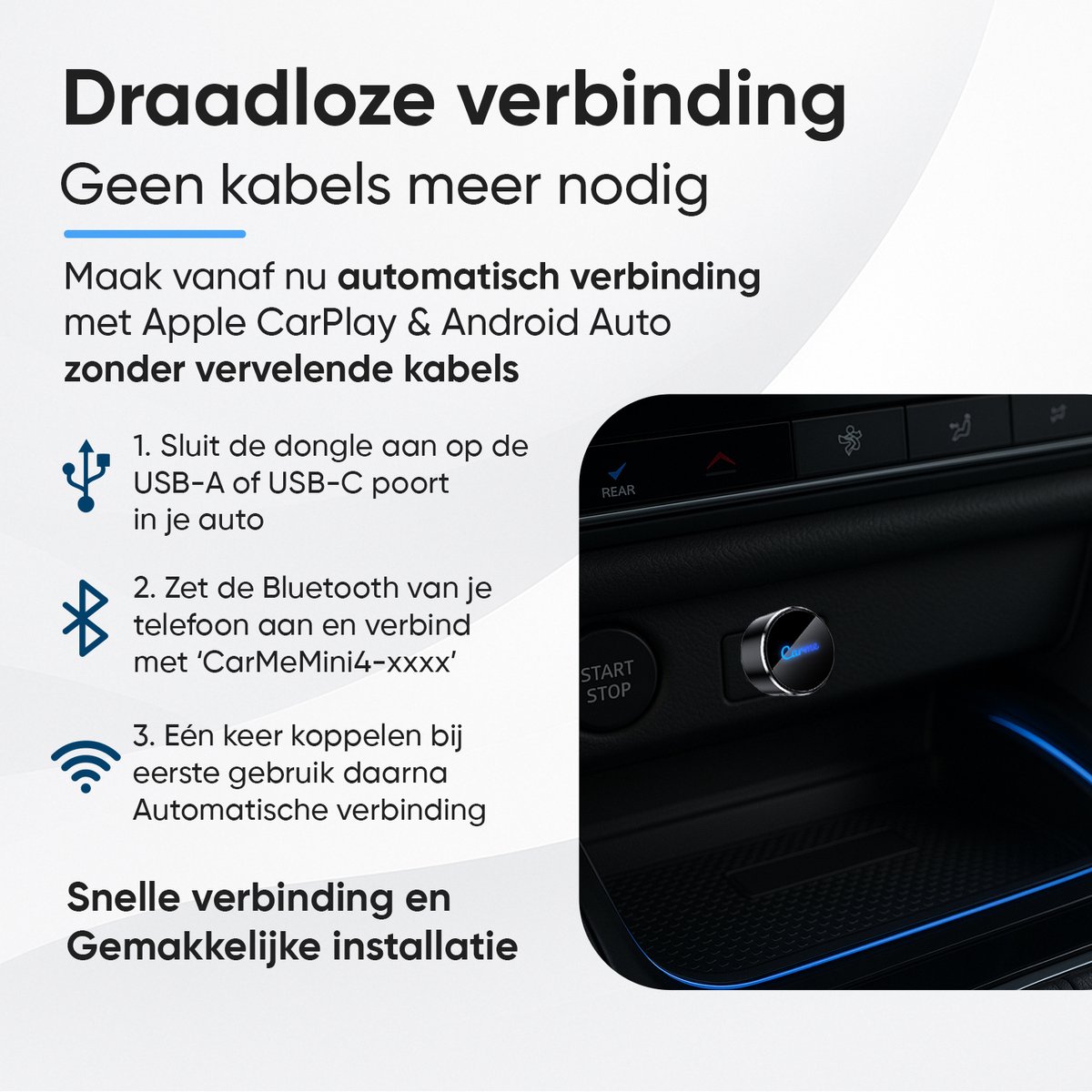 CarMe Ultra Mini 2-in-1 draadloze CarPlay en Android Auto adapter USB-A & USB-C, compacte auto dongle - Afbeelding 4