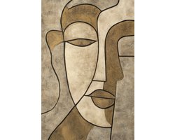 K&C Art (Aluminium schilderij) 40x60cm | Abstract gezicht - mens - portret - line art - Picasso - bruin - beige - zwart - kunst | Woonkamer - slaapkamer - hal - kantoor | Foto schilderij print op dibond - wanddecoratie - muurdecoratie - wall art