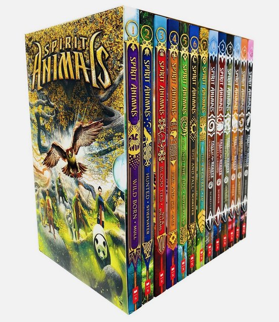 Boîte de livres Spirit Animals, avec un aigle, des enfants et un panda sur le devant.