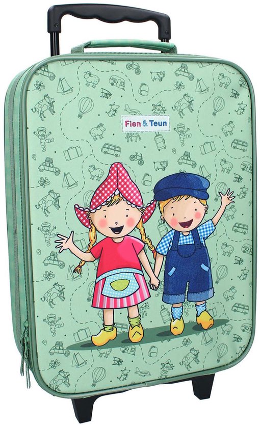 Lichtgroene kindertrolley met print van Fien & Teun, dieren en auto's. De koffer heeft een rits, wieltjes en een uittrekbare handgreep.