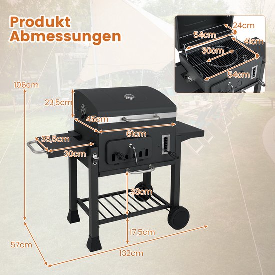 COSTWAY houtskoolgrill, grillwagen met deksel, wielen, 2 inklapbare zijtafels, grillrooster, thermometer, 6-voudige houtskoolhouder en opbergvak, staande grill, kolengrillwagen van Merkloos — afbeelding 2