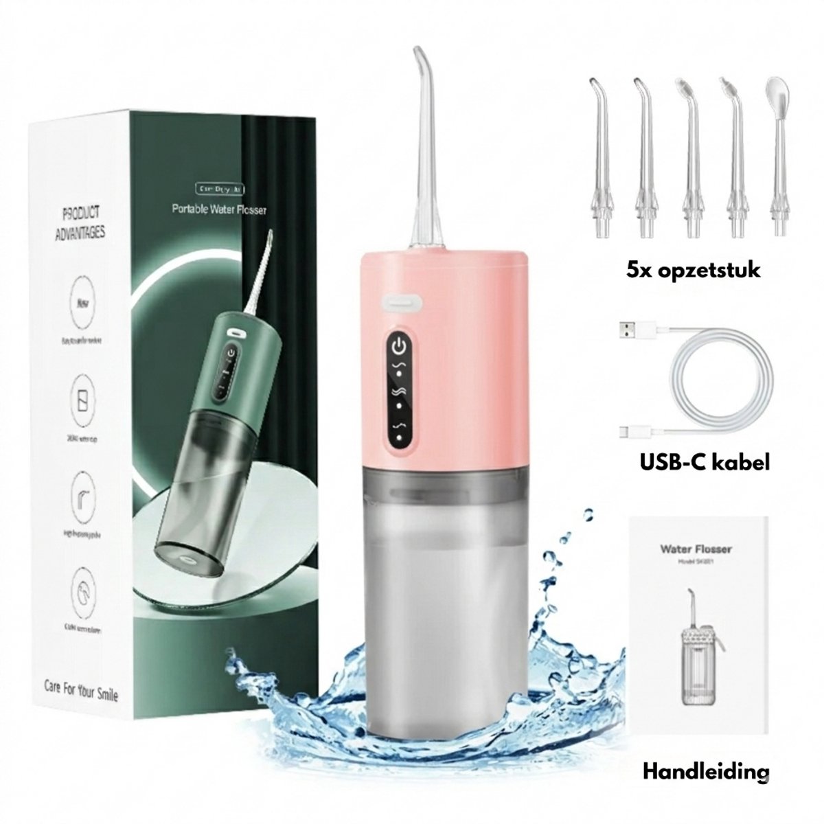 Waterflosser - Neusdouche - Monddouche - Tongschraper - Tongreiniger - Flosapparaat - 5 opzetstukken - 3 standen - Tandplak verwijderaar - Tongreiniger - Beugel schoonmaken - Tandplak verwijderen - Tandsteenverwijderaar (ROZE)
