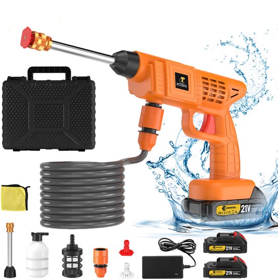 Draadloze accu hogedrukreiniger 40 bar 580 PSI 2x 21V accu 3 nozzles schuimfles 5m slang CONENTOOL