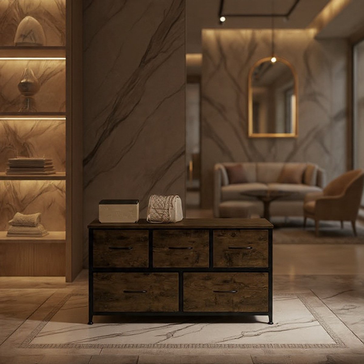 Luxe Industriële Commodekast met 5 lades - Vintage Houtlook Zwart + Bruin - Dressoir TV Kast & Opbergkast voor Slaapkamer, Woonkamer en Hal - 100x30x54 cm - Robuust Metalen Frame - FSC Hout - Casa ...