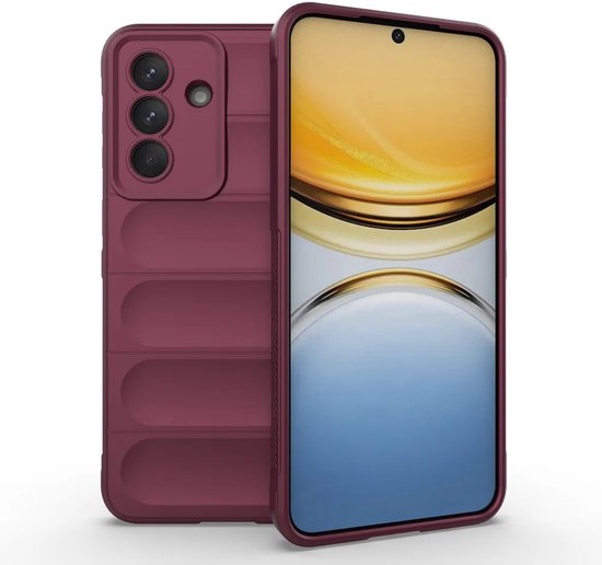Coque MobyDefend violet foncé avec nervures horizontales, montrée avec le téléphone à l'avant.