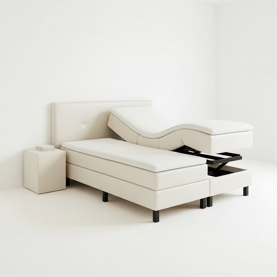 Boxspring VitaLift – Hoog-Laag Bed 2-Persoons Elektrisch Verstelbaar 140x220 cm – Verzorgingsbed / Seniorenbed – Wit lederlook