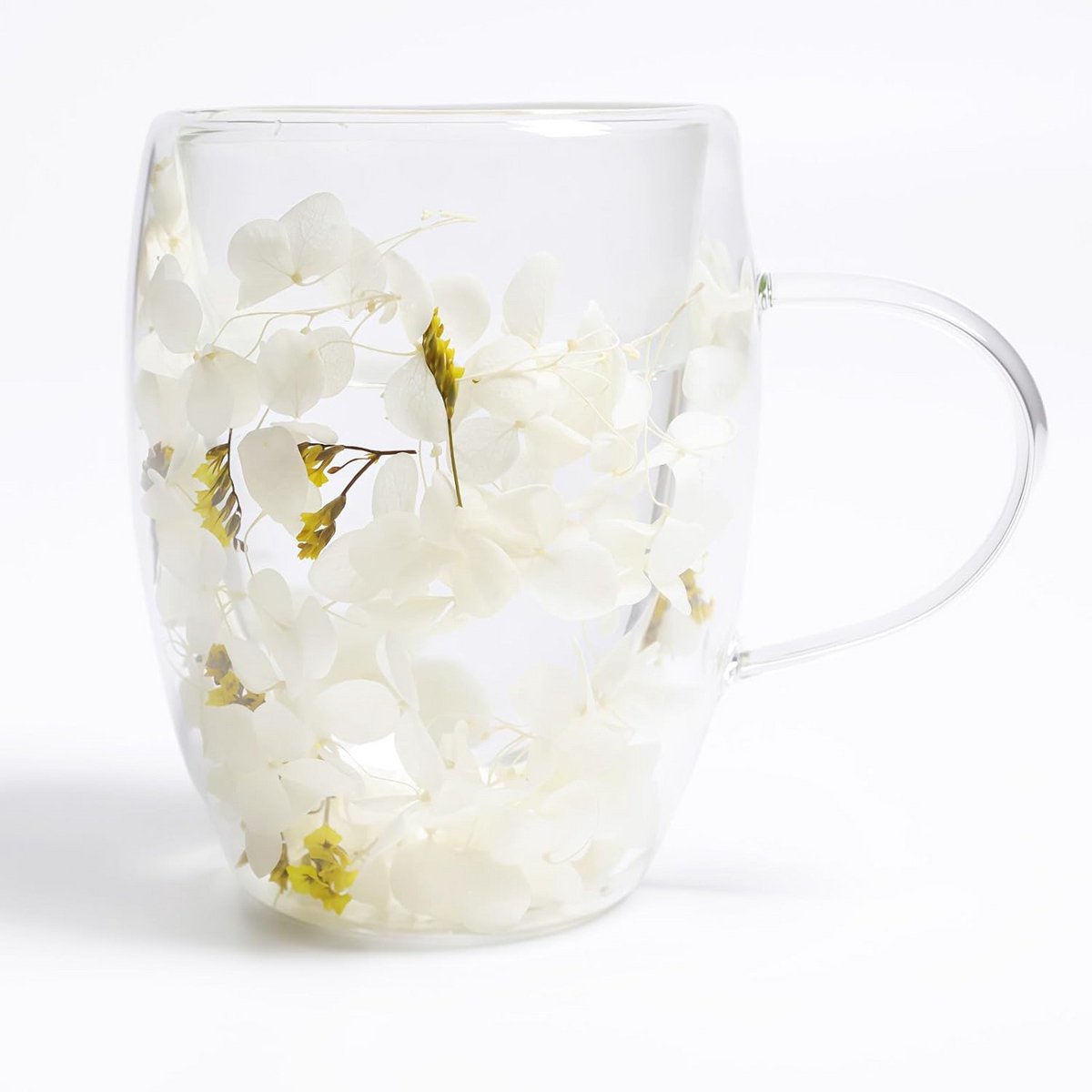 Dubbelwandige Glazen Mok met Gedroogde Bloemen en Handvat - 350 ml