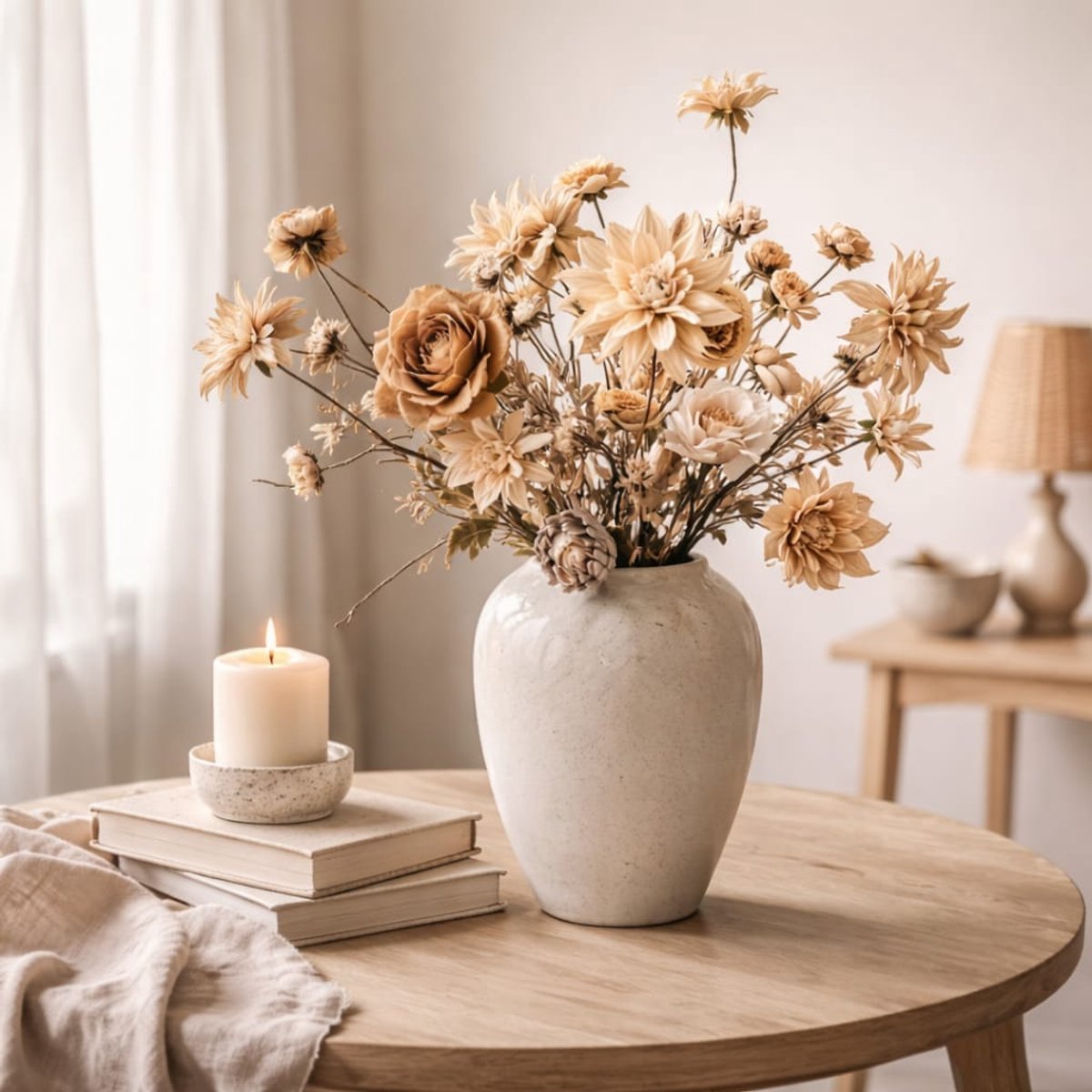 Natural Grace - Zijden boeket - Zijden bloemen boeket - Boeket Japandi - Groot Zijden boeket - Beige - Naturel - Organisch - XL