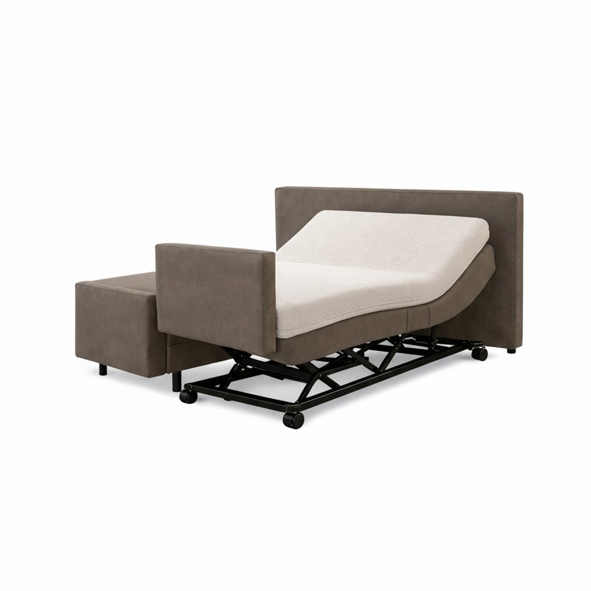 Boxspring ComfortLift – Hoog-Laag Bed 1-persoons Elektrisch Verstelbaar 120x210 cm – incl. voetbord – Verzorgingsbed / Seniorenbed – Taupe lederlook