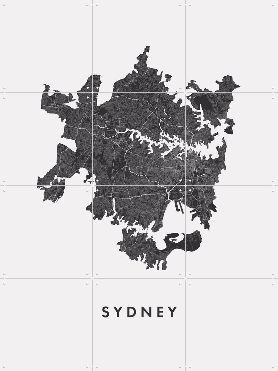 IXXI Sydney City Map, Kunst in Kaart - 60 x 80 cm - Gratis ophangtool - Grote wanddecoratie en posters - Technische Tekening, Grafisch Ontwerp