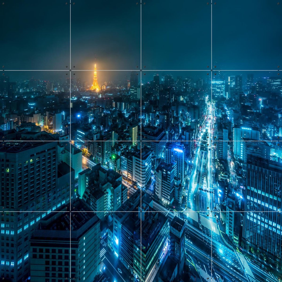 IXXI Tokyo Skyline at Night, Jan Becke - 80 x 80 cm - Gratis ophangtool - Grote wanddecoratie en posters - Fotografie, Woonkamer, Mancave, Skyline