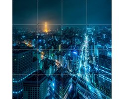 IXXI Tokyo Skyline at Night, Jan Becke - 80 x 80 cm - Grote wanddecoratie en posters - Fotografie, Woonkamer, Mancave, Skyline, Stad, Gebouwen