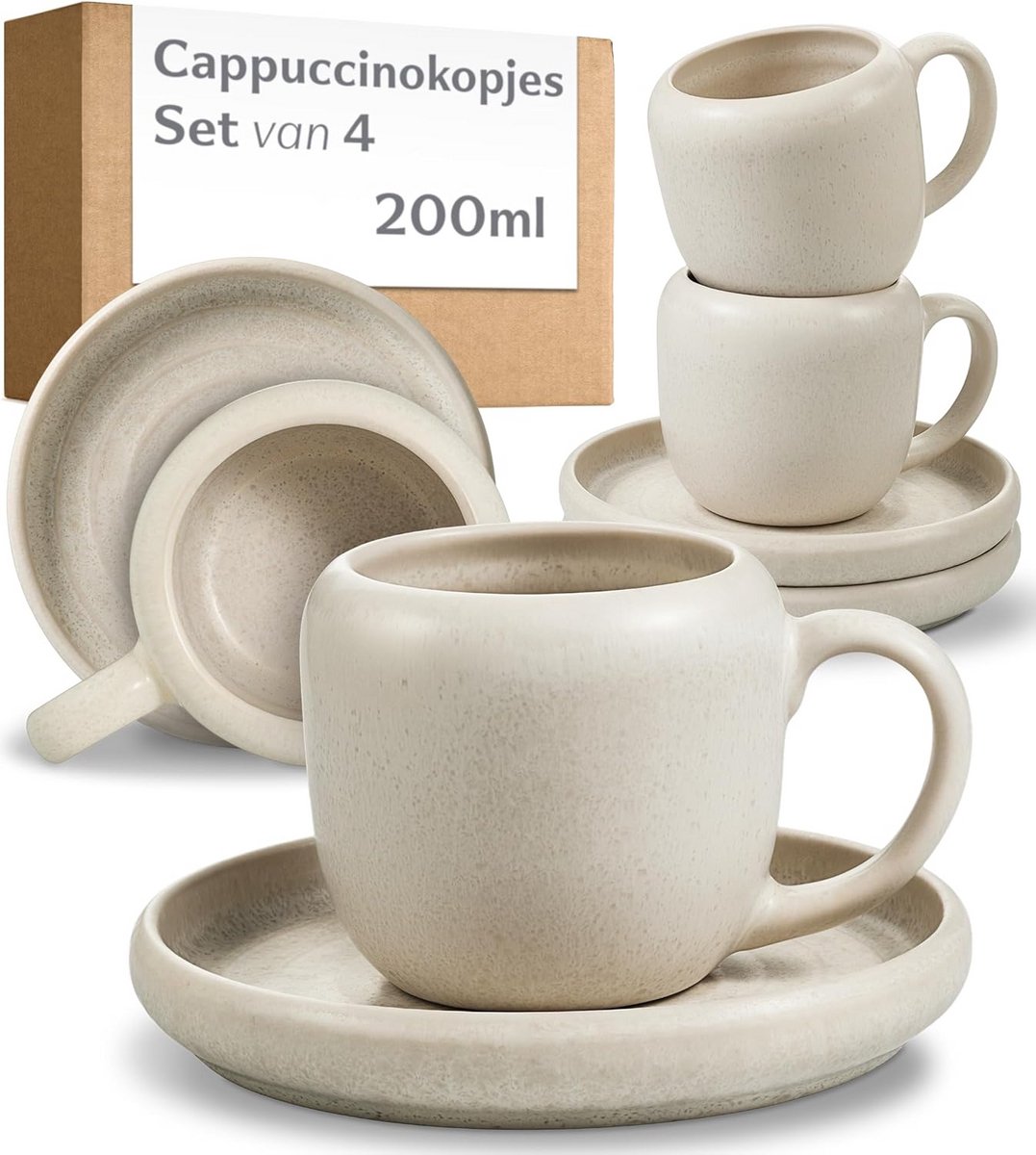 Set van 4 Cappuccino Koppen met Schotels - Keramiek 200ml - Minimalistisch Wit