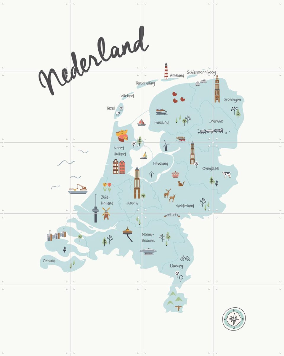 IXXI The Netherlands Kids Map blue, Little Small & Kunst in Kaart - 80 x 100 cm - Gratis ophangtool - Grote wanddecoratie en posters - Illustraties