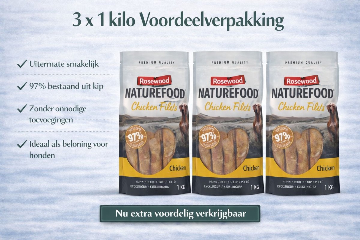 Rosewood - Hondensnack - Naturefood Filet Kip - 3x 1 kg Voordeelverpakking
