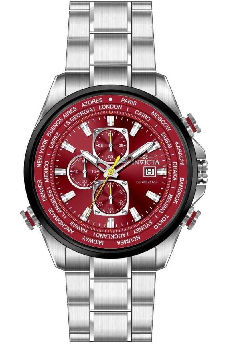 Invicta Aviator 50500 Heren Horloge - Waterdicht - Analoog - Quartz Uurwerk - Roestvrij Staal met rode Wijzerplaat - 50mm