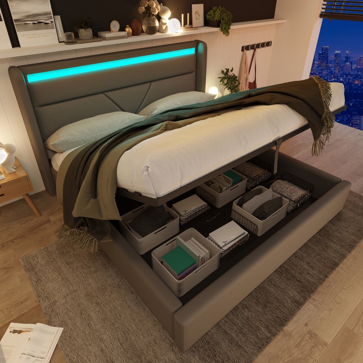 Wishdor Opbergbed 140x200 cm – Hydraulische Lift – LED in Hoofdbord – PU – Grijs