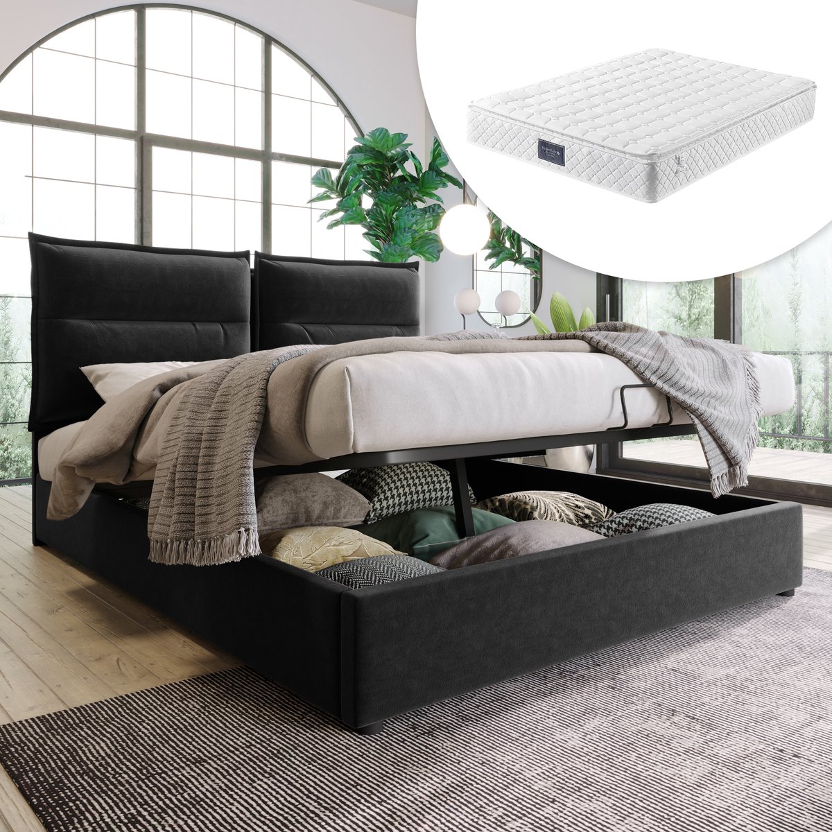 Wishdor Hydraulisch Gestoffeerd Bed 140x200 cm – Verstelbaar Hoofdbord – Kussenachtige Rugleuning – Fluweel – Zwart