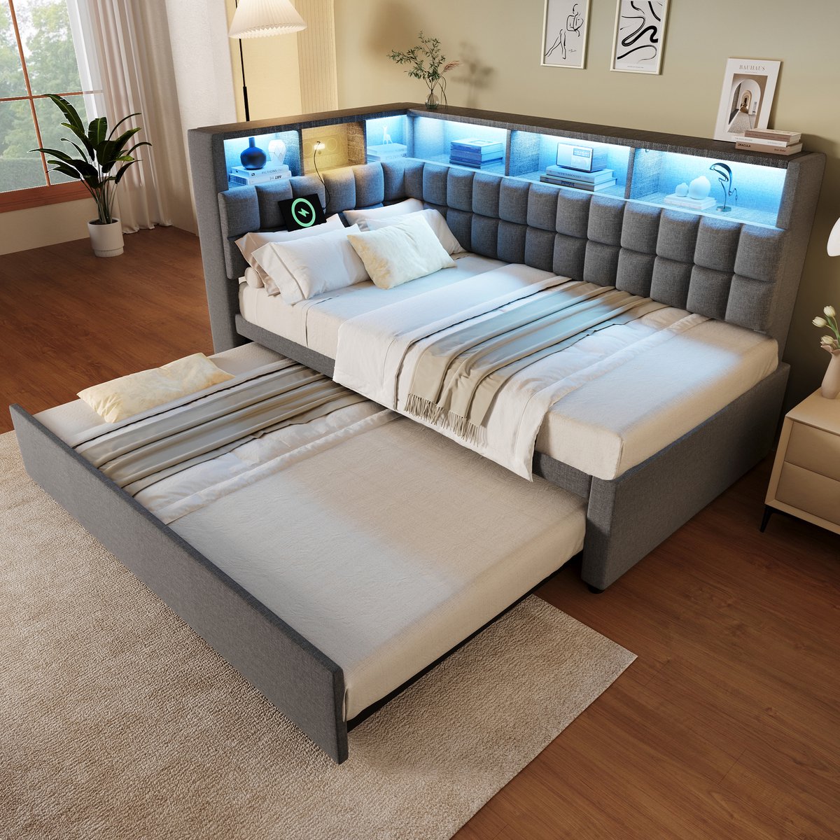 FloraGrace Gestoffeerd Bed 90x200 cm – Met Uitschuifbed 90x190 – Ledverlichting Met Kleurwissel – Bluetooth Speaker – Opbergrek – Zonder Matras – Grijs