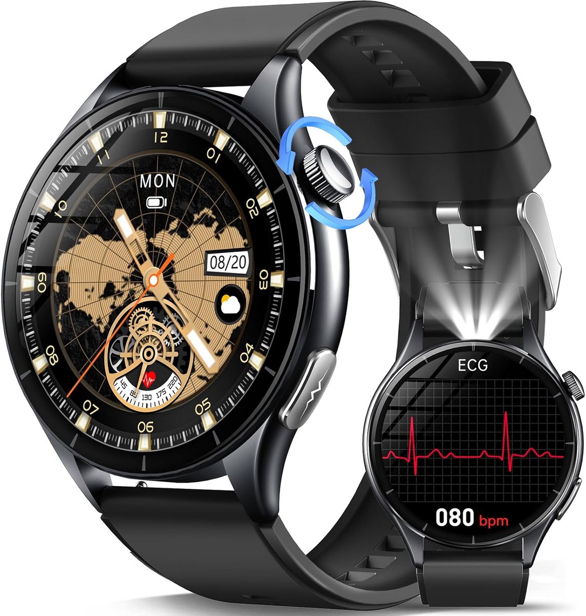 Ronde smartwatch voor heren met AMOLED scherm, belfunctie en zaklamp