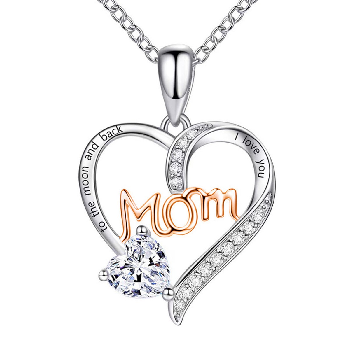 Lumici® | Mama Ketting v2 – “I Love You – To the Moon and Back” Bicolor met Hartjes Zirkonia – Ketting Voor Moeder – Mom Necklace – Cadeau Voor Haar – Moederdag Geschenk – Dames Ketting – Collier – Valentijn – Liefde – Zilver / Rosegoud / Goud