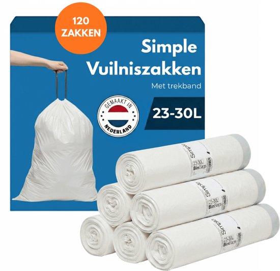 Pack de 120 sacs poubelles blancs (6 rouleaux) de 23-30L avec cordon de serrage, fabriqués aux Pays-Bas.